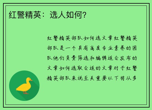 红警精英：选人如何？